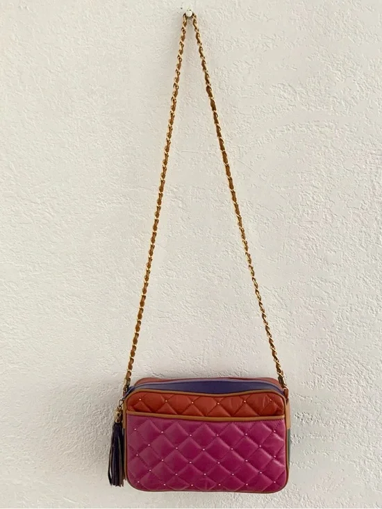 Vintage Quilted Color Block Multi-Color Leather Studded Tassel Crossbody Bag - Picture 3 of 17